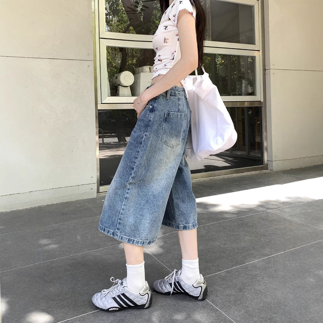 Damen Weite Denim-Culotte-Shorts mit hohem Bund und lässigem Design EB