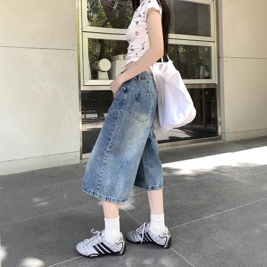 Damen Weite Denim-Culotte-Shorts mit hohem Bund und lässigem Design EB