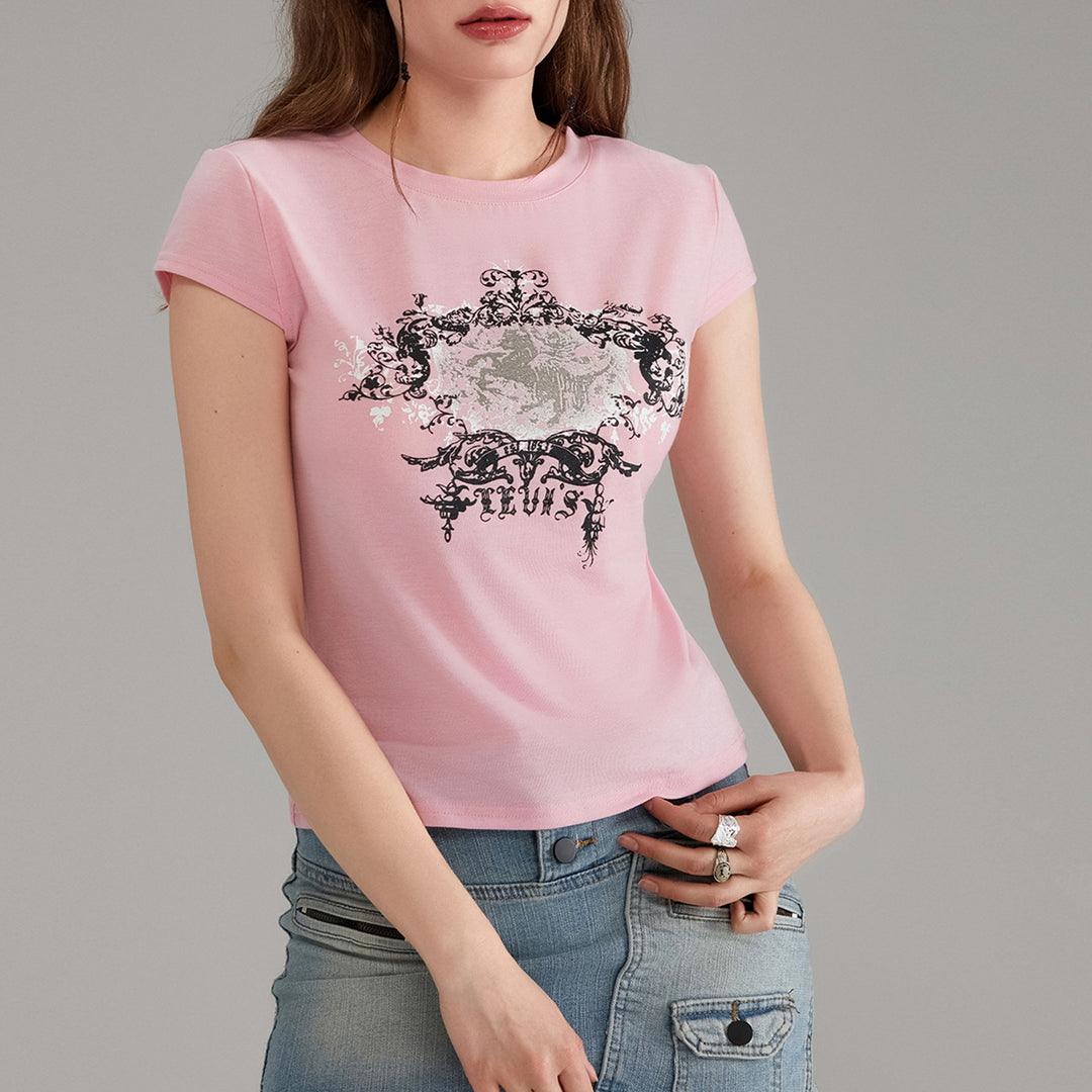 Damen lässiges Grafik-Crop-Top mit Rundhals-Ausschnitt EB