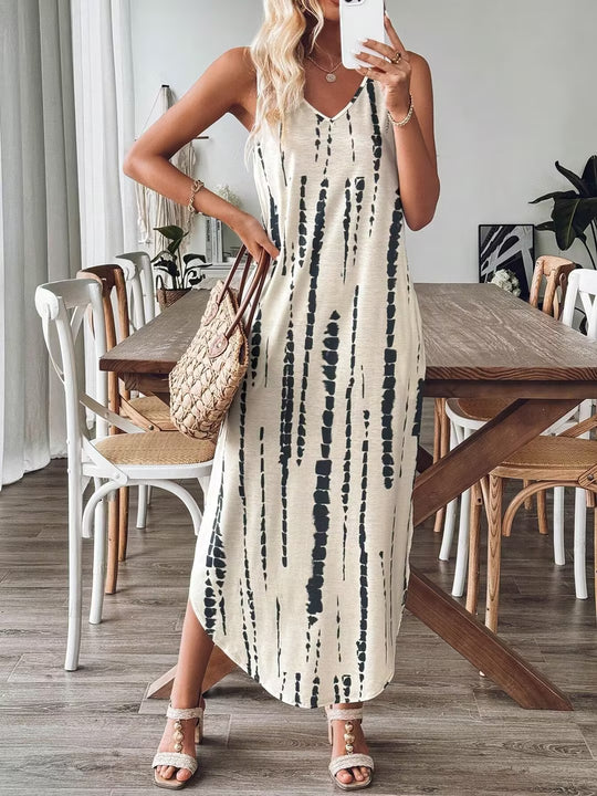 Damen Maxikleid mit feinem V-Ausschnitt und gestreiftem Design EB