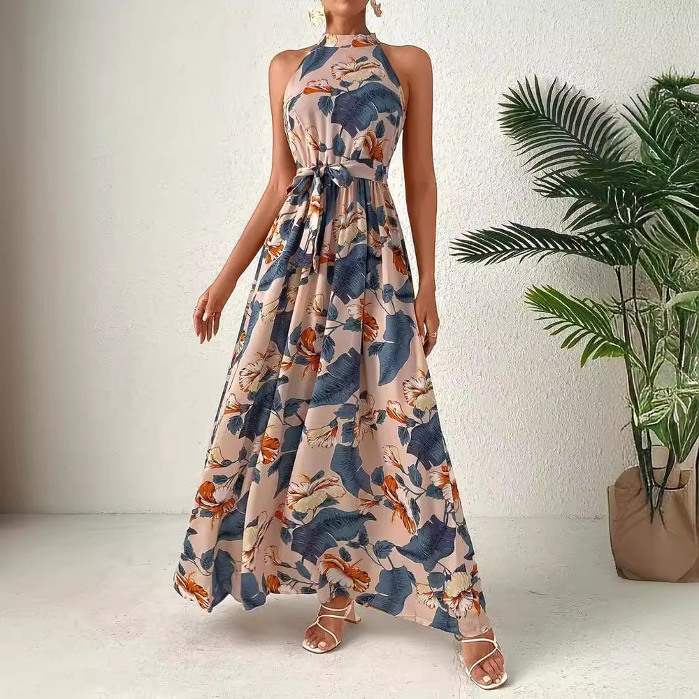 Damen Langes Maxikleid mit Halterneck und verspieltem Muster EB