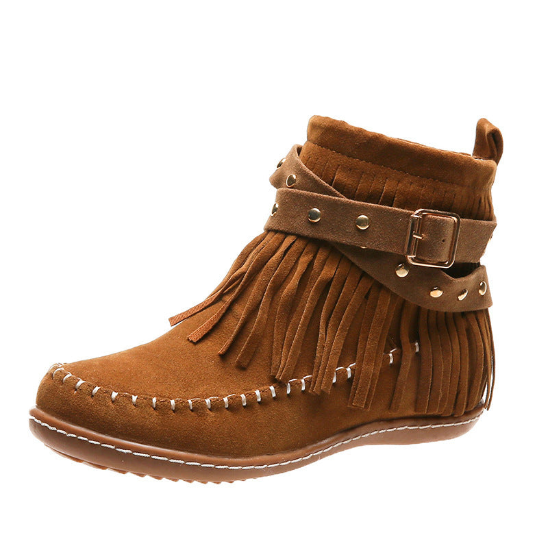 Damen nan Fransen-Mokassin-Stiefelette mit Ziergurt, Schnalle und weicher Gummisohle EB