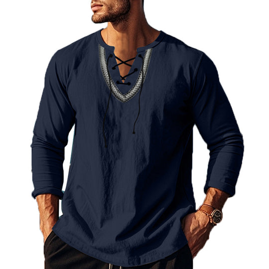 Herren Langarm-Henley-Shirt mit dekorativer Schnürung und lässigem Schnitt EB