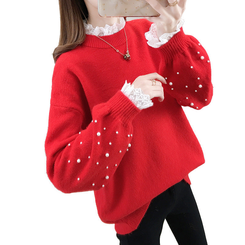 Damen trendiger Strickpullover mit Perlendetails und voluminösen Ärmeln EB