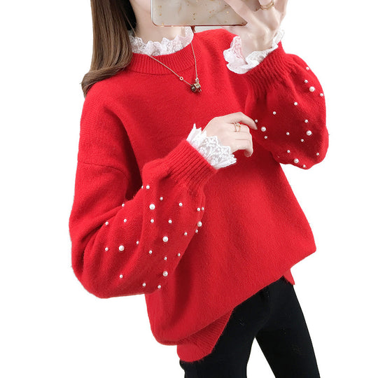 Damen trendiger Strickpullover mit Perlendetails und voluminösen Ärmeln EB