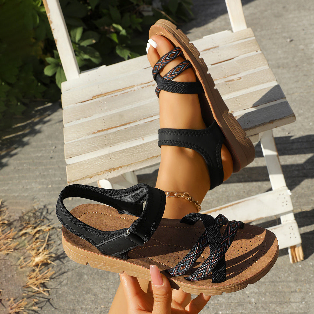 Damen Sandalen mit elastischen Kreuzriemen und Leoprint-Zehenriemen EB