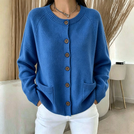 Damen Knopf-Cardigan mit Rundhals, aufgesetzten Taschen und Raglanärmeln EB