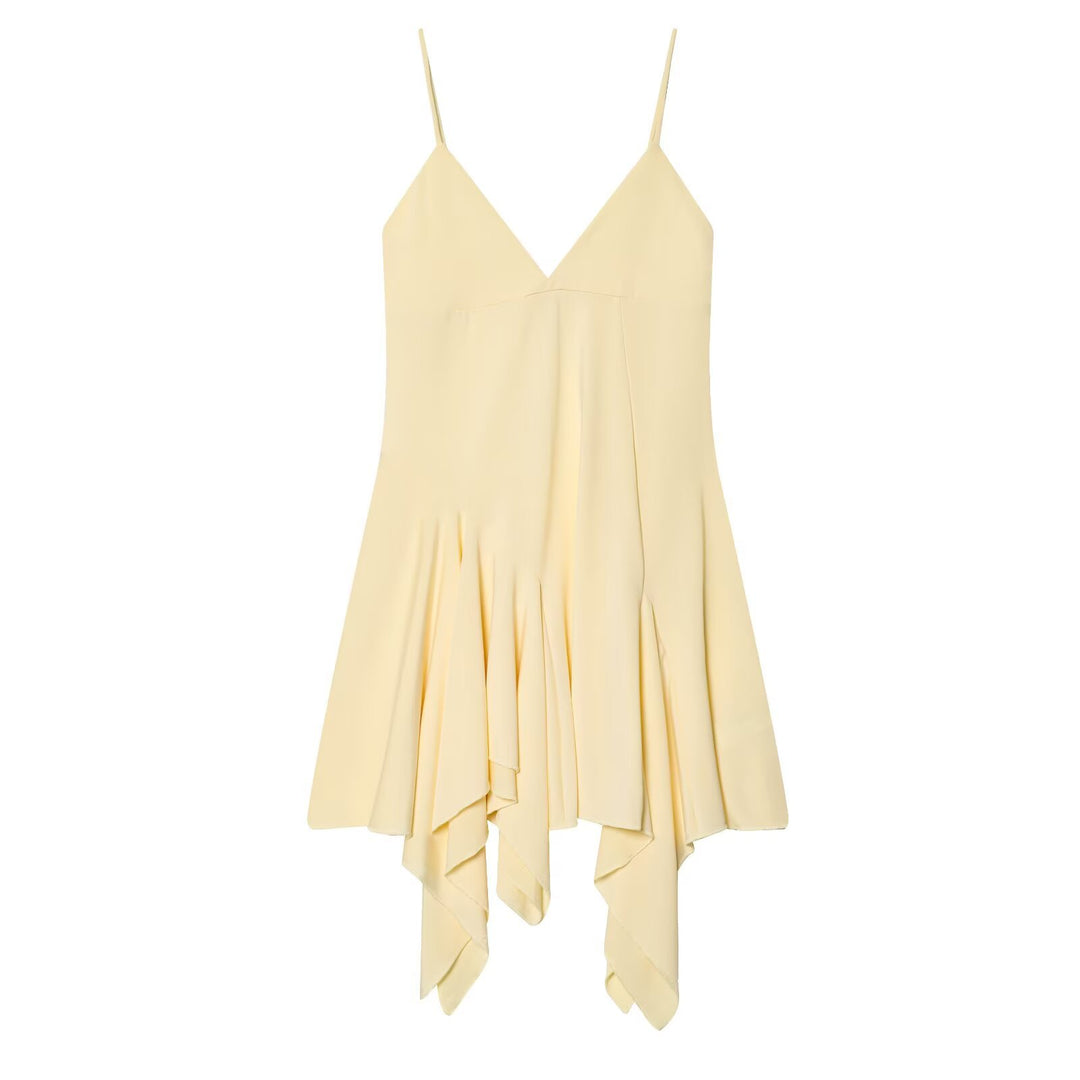 Damen fließendes Spaghetti-Trägerkleid mit asymmetrischem Saum und elegantem Faltenwurf EB
