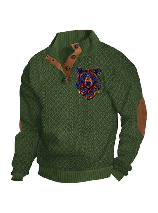 Herren nan Heritage-Strukturpullover mit Stehkragen Lederimitat-Besatz Ellenbogen-Patches und Halbknopfleiste EB