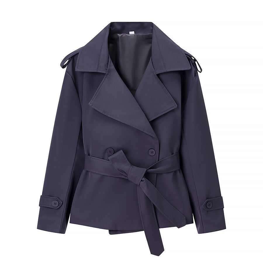 Damen nan kurze Trenchcoat Jacke mit Taillengürtel breitem Revers und dekorativen Schulterklappen EB