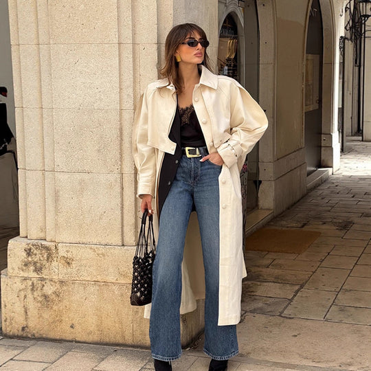 Damen Langer Trenchcoat mit breitem Kragen und taillierbarem Gürtel EB