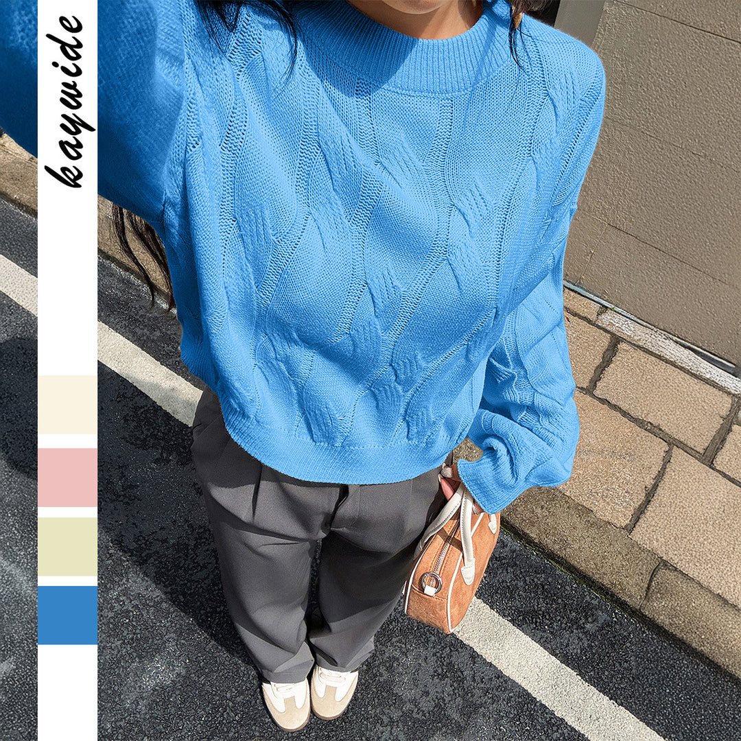 Damen nan cropped Zopfmuster-Pullover mit kastiger Silhouette, überschnittener Schulter und geripptem Saum EB