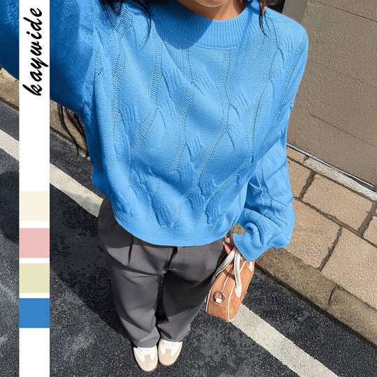 Damen nan cropped Zopfmuster-Pullover mit kastiger Silhouette, überschnittener Schulter und geripptem Saum EB