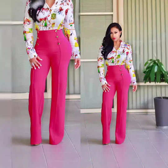 Damen Hochtaillierte Palazzo-Hose mit goldenen Knöpfen EB