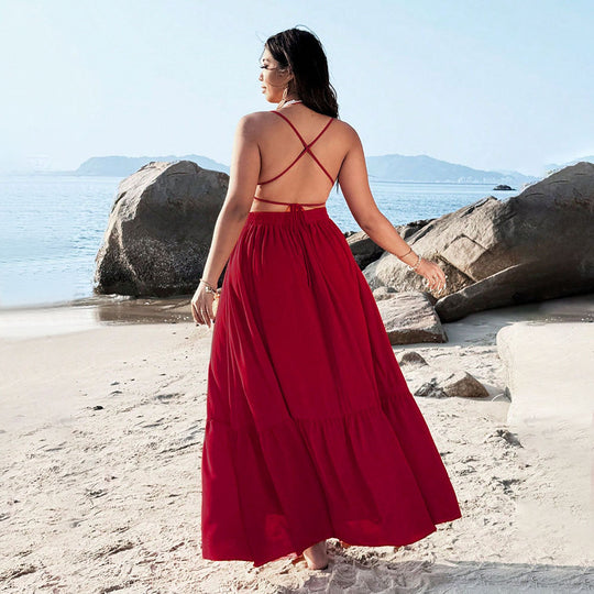 Damen Maxikleid mit tiefem V-Ausschnitt und elastischem Taillenbund EB