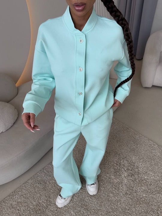 Damen Zweiteiliges Loungewear-Set mit Stehkragen, dekorativen Schmuckknöpfen und weitem Palazzo-Hosenbein EB