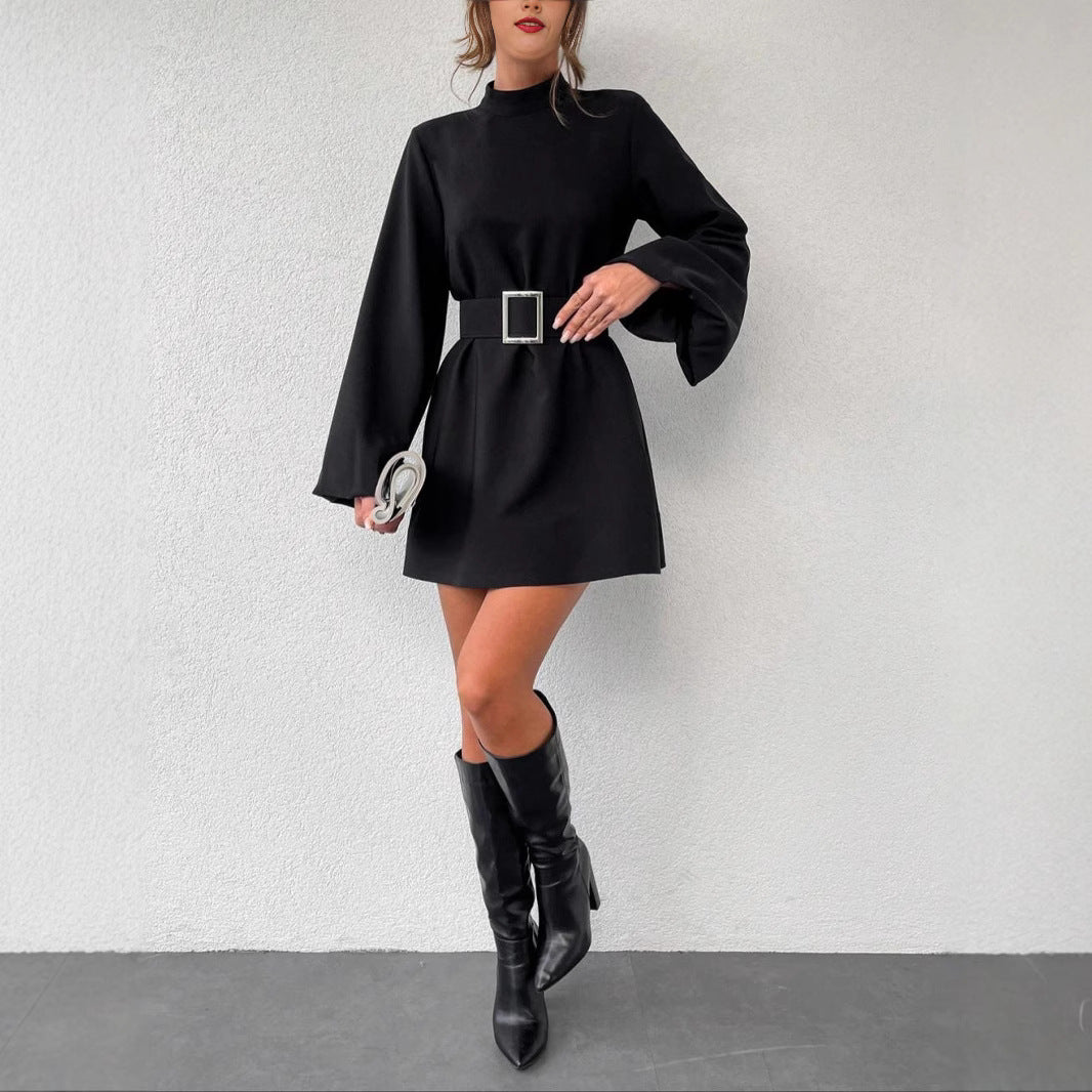 Damen elegante Minikleidung mit Gürtel und langen Ärmeln EB