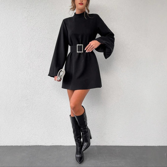 Damen elegante Minikleidung mit Gürtel und langen Ärmeln EB
