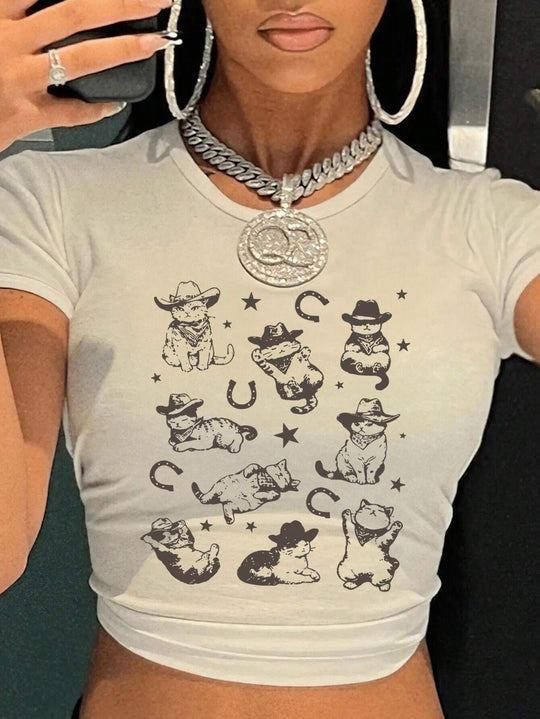 Damen T-Shirt mit verspieltem Katzenmotiv und zarten Flügeln EB
