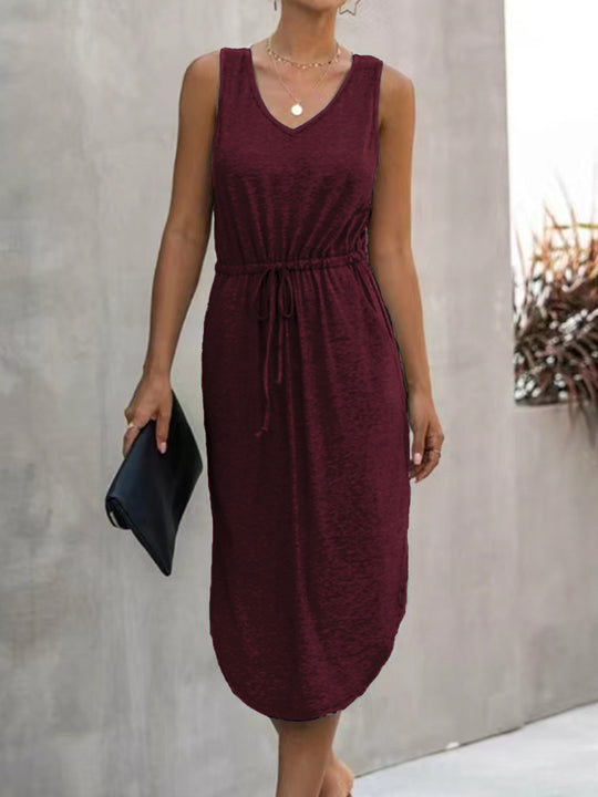Damen lässiges Maxikleid mit V-Ausschnitt und elastischem Taillenbund EB