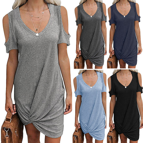 Damen Strandkleid mit knotenförmigem Saum und schulterfreiem Design EB