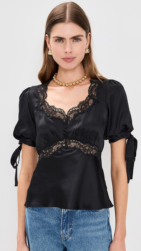Damen Satinbluse mit Spitzenakzenten R&B