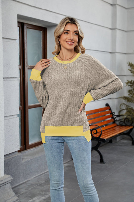 Damen lässiger Pullover mit kontrastierenden Ärmelabschlüssen und einzigartiger Textur EB