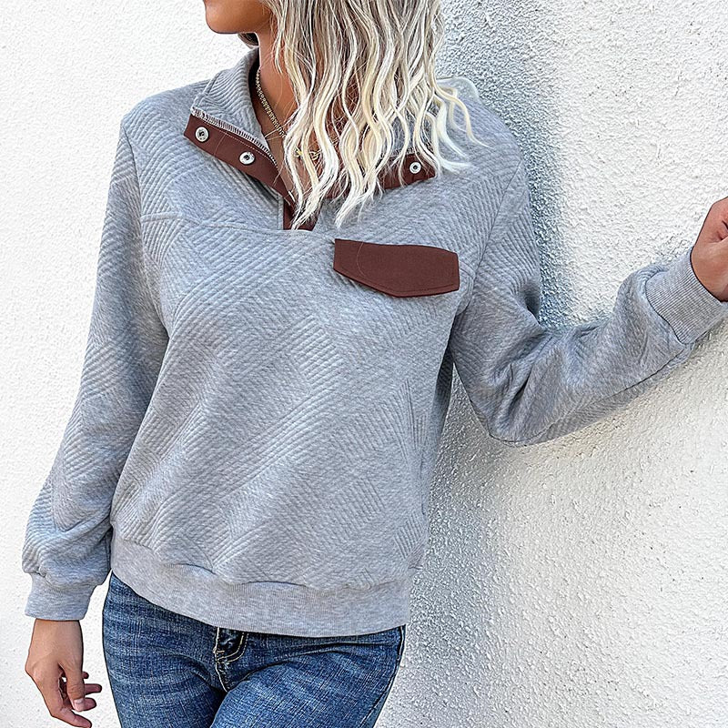 Damen lässiger Pullover mit strukturiertem Kragen und praktischer Brusttasche EB