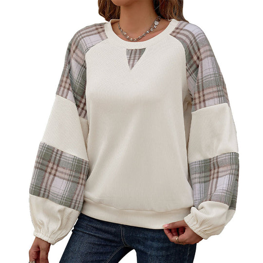 Damen Modischer Sweatpullover mit Karomuster und Rippstruktur EB