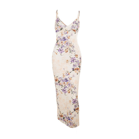 Damen Elegantes Maxikleid mit floralem Design und verführerischem V-Ausschnitt EB