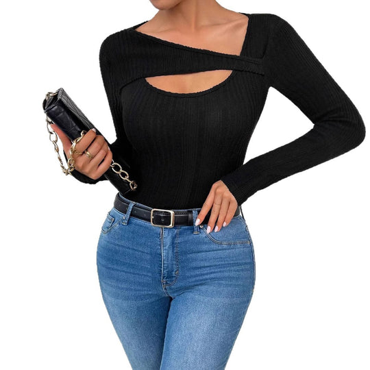 Damen Langärmliges Cut-Out Oberteil mit strukturiertem Rippdesign EB