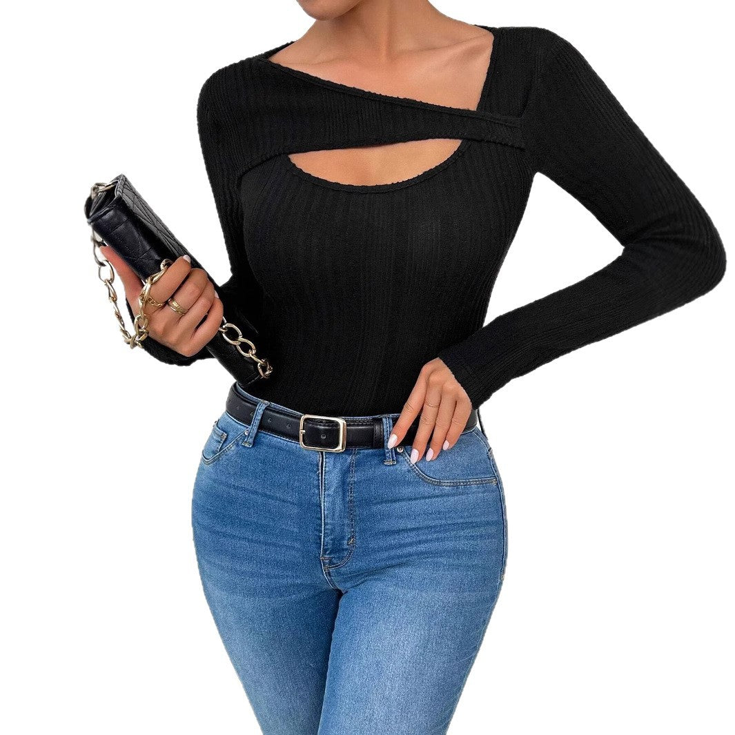 Damen nan figurbetontes langärmeliges Rippstricktop mit Schlüsselloch und asymmetrischem Ausschnitt EB