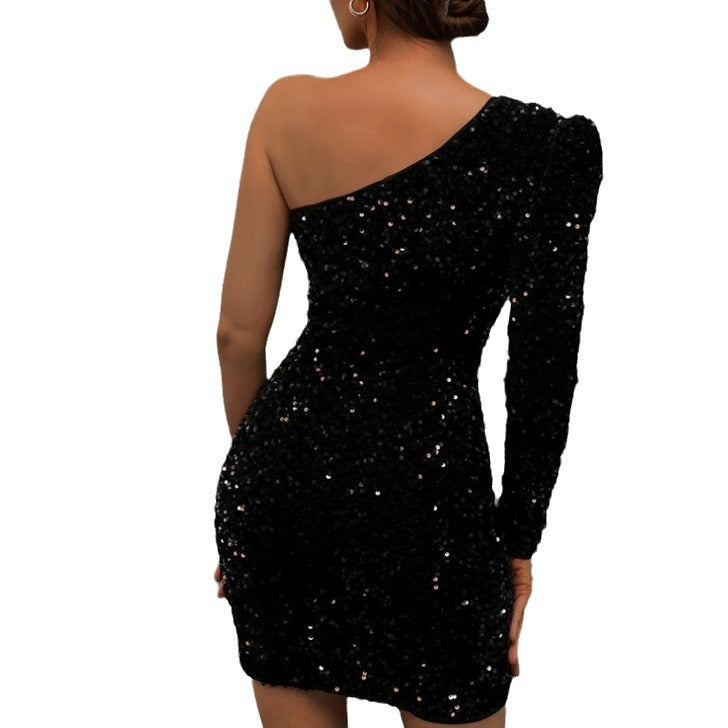 Damen Glamouröses Pailletten-Minikleid mit asymmetrischem Ausschnitt und figurbetontem Schnitt EB