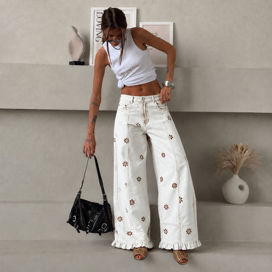 Damen weite Denimhose mit Gänseblümchen-Print, hohem Bund und Rüschenabschluss Eichborn Berlin