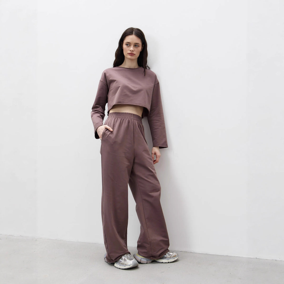 Damen Kurzgeschnittenes Sweatshirt und High-Waist Relax-Jogginghose Set EB
