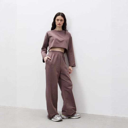 Damen Kurzgeschnittenes Sweatshirt und High-Waist Relax-Jogginghose Set EB