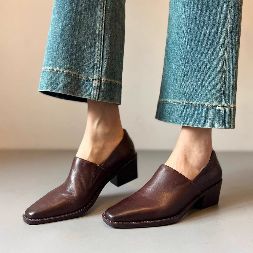Damen elegante Loafer mit feinem Leder und komfortablem Blockabsatz EB