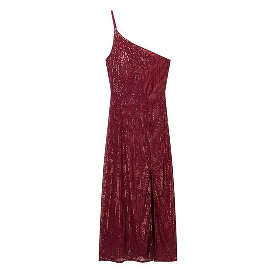Damen glamouröses Abendkleid mit asymmetrischem Schnitt und schimmernden Pailletten EB