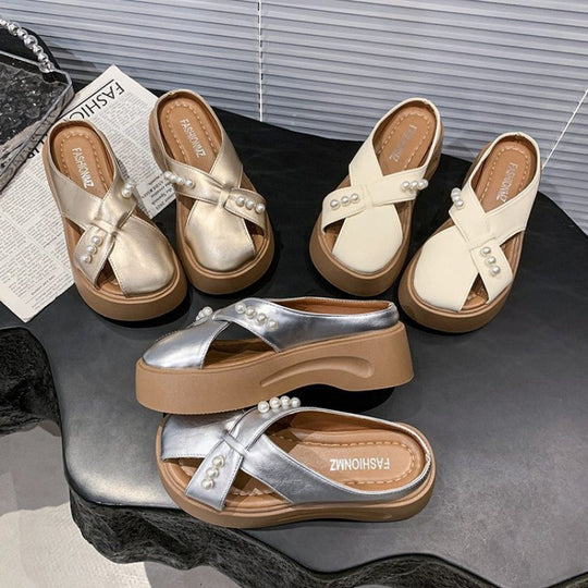 Damen Modische Plateau-Sandalen mit Perlenschmuck EB