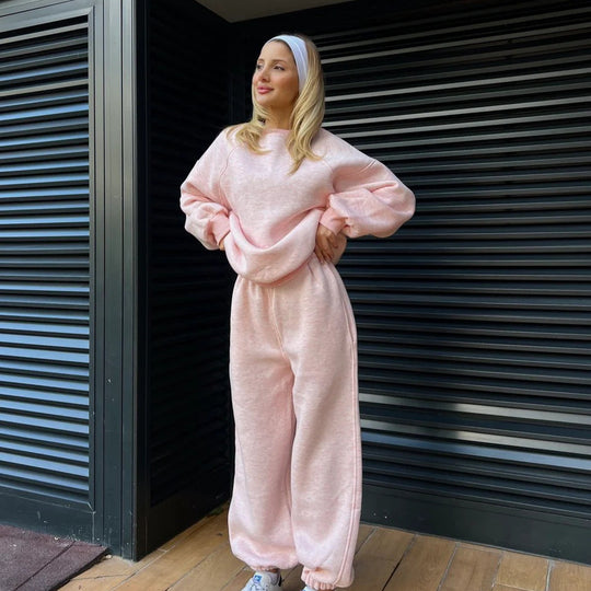 Damen Oversized Sweatshirt- und Palazzo-Jogginghose Set aus schwerem Baumwollfleece EB