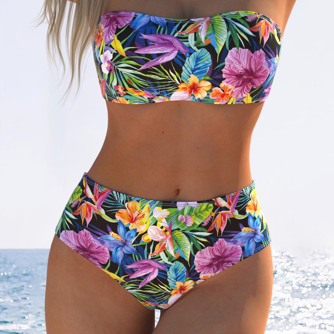 Damen Bandeau-Bikini mit hohem Taillenschnitt und buntem Tropenmotiv EB