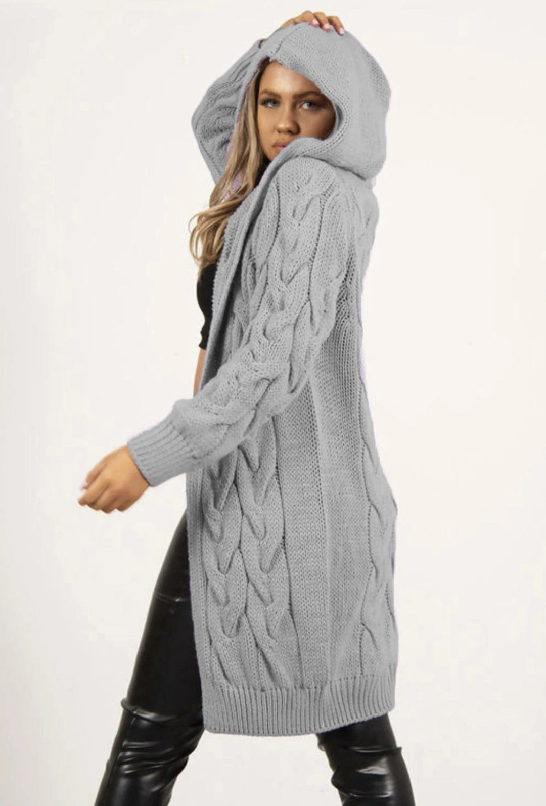 Damen Strickmantel mit Kapuze und Zopfmuster EB