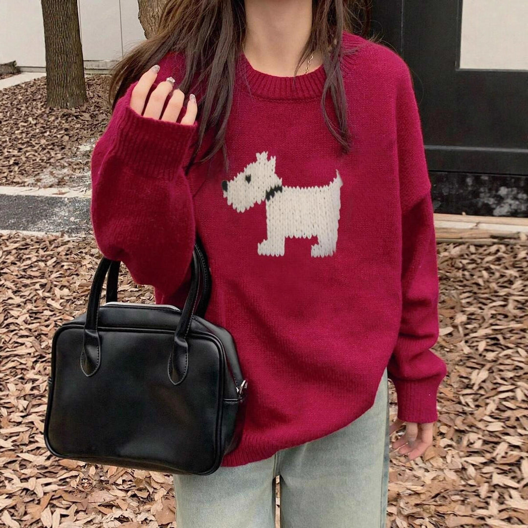Damen Strickpullover mit süßem Dog-Motiv und bequemer Passform EB