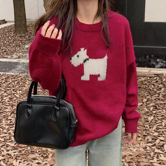 Damen Strickpullover mit süßem Dog-Motiv und bequemer Passform EB