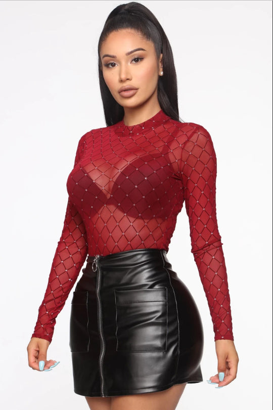 Damen Langärmeliger Bodysuit mit funkelndem Netzdesign EB