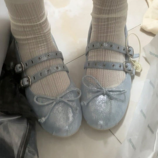 Damen Ballerinas mit doppeltem Riemendesign und zartem Schleifendetail EB