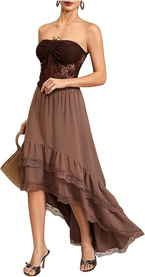 Damen Boho Maxi-Rock mit asymmetrischem Saum und Spitzenverzierungen EB