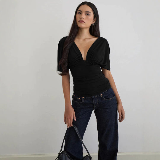 Damen Elegantes Oberteil mit tiefem V-Ausschnitt und lässigem Drapierungsdesign EB
