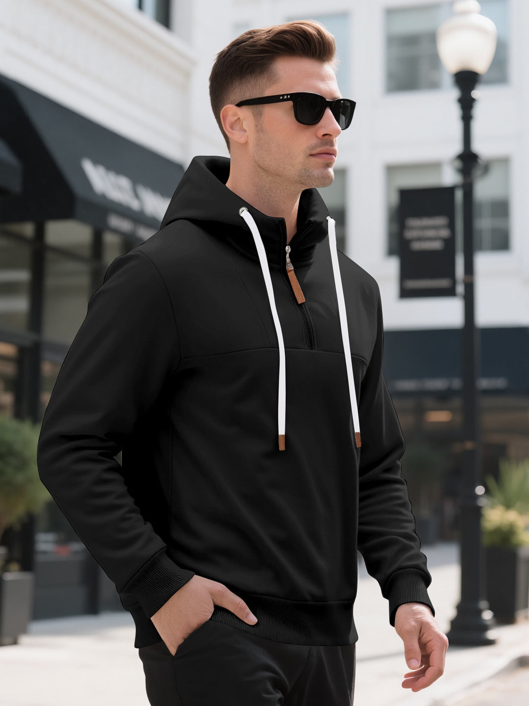 Herren Halbzip-Kapuzenpullover mit Stehkragen, Kordelzug und Lederdetails EB