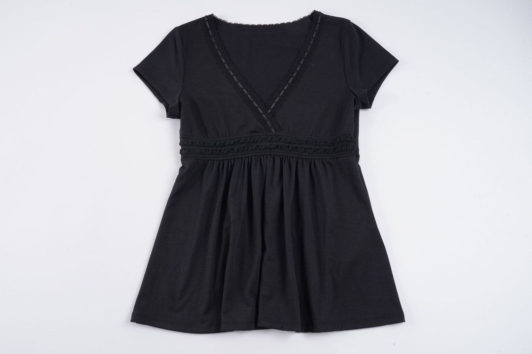 Damen Lockeres Sommerkleid mit V-Ausschnitt und Spitzenverzierungen EB